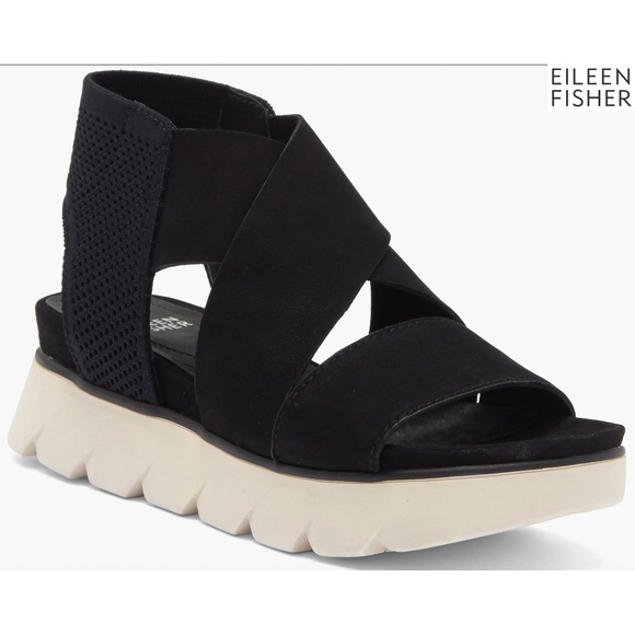 EILEEN FISHER NIB CHANT BLACK LEATHER PLATFORM WEDGE SANDAL. SIZE 9M - Picture 1 of 14